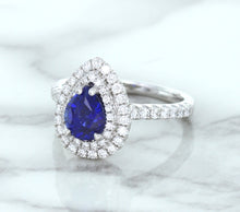 Load image into Gallery viewer, 1.48ct Pear Blue Sapphire Ring with Double Diamond Halo in 18K White Gold