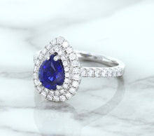 Load image into Gallery viewer, 1.48ct Pear Blue Sapphire Ring with Double Diamond Halo in 18K White Gold