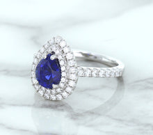Load image into Gallery viewer, 1.48ct Pear Blue Sapphire Ring with Double Diamond Halo in 18K White Gold