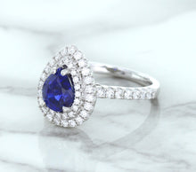 Load image into Gallery viewer, 1.48ct Pear Blue Sapphire Ring with Double Diamond Halo in 18K White Gold