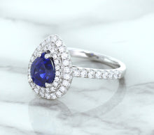 Load image into Gallery viewer, 1.48ct Pear Blue Sapphire Ring with Double Diamond Halo in 18K White Gold