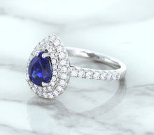 Load image into Gallery viewer, 1.48ct Pear Blue Sapphire Ring with Double Diamond Halo in 18K White Gold