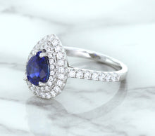 Load image into Gallery viewer, 1.48ct Pear Blue Sapphire Ring with Double Diamond Halo in 18K White Gold