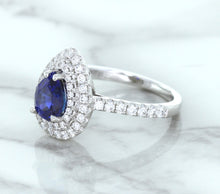 Load image into Gallery viewer, 1.48ct Pear Blue Sapphire Ring with Double Diamond Halo in 18K White Gold