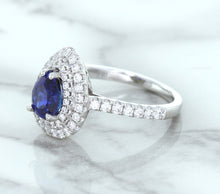 Load image into Gallery viewer, 1.48ct Pear Blue Sapphire Ring with Double Diamond Halo in 18K White Gold