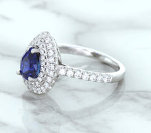 Load image into Gallery viewer, 1.48ct Pear Blue Sapphire Ring with Double Diamond Halo in 18K White Gold