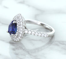 Load image into Gallery viewer, 1.48ct Pear Blue Sapphire Ring with Double Diamond Halo in 18K White Gold
