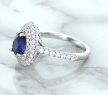 Load image into Gallery viewer, 1.48ct Pear Blue Sapphire Ring with Double Diamond Halo in 18K White Gold