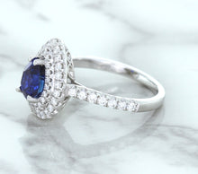 Load image into Gallery viewer, 1.48ct Pear Blue Sapphire Ring with Double Diamond Halo in 18K White Gold