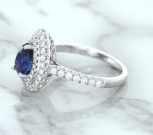 Load image into Gallery viewer, 1.48ct Pear Blue Sapphire Ring with Double Diamond Halo in 18K White Gold