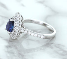 Load image into Gallery viewer, 1.48ct Pear Blue Sapphire Ring with Double Diamond Halo in 18K White Gold