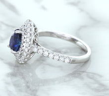 Load image into Gallery viewer, 1.48ct Pear Blue Sapphire Ring with Double Diamond Halo in 18K White Gold