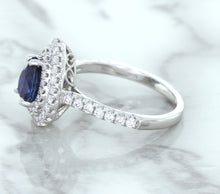 Load image into Gallery viewer, 1.48ct Pear Blue Sapphire Ring with Double Diamond Halo in 18K White Gold