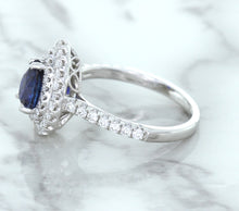 Load image into Gallery viewer, 1.48ct Pear Blue Sapphire Ring with Double Diamond Halo in 18K White Gold