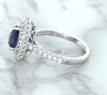 Load image into Gallery viewer, 1.48ct Pear Blue Sapphire Ring with Double Diamond Halo in 18K White Gold