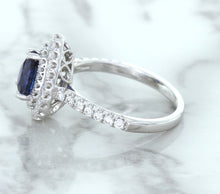 Load image into Gallery viewer, 1.48ct Pear Blue Sapphire Ring with Double Diamond Halo in 18K White Gold