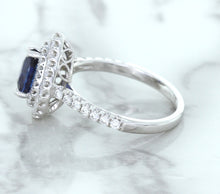 Load image into Gallery viewer, 1.48ct Pear Blue Sapphire Ring with Double Diamond Halo in 18K White Gold