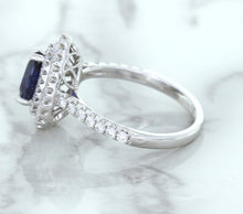 Load image into Gallery viewer, 1.48ct Pear Blue Sapphire Ring with Double Diamond Halo in 18K White Gold