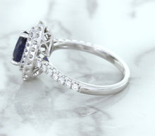 Load image into Gallery viewer, 1.48ct Pear Blue Sapphire Ring with Double Diamond Halo in 18K White Gold