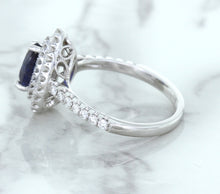 Load image into Gallery viewer, 1.48ct Pear Blue Sapphire Ring with Double Diamond Halo in 18K White Gold
