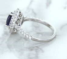 Load image into Gallery viewer, 1.48ct Pear Blue Sapphire Ring with Double Diamond Halo in 18K White Gold