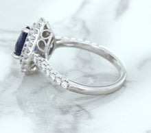 Load image into Gallery viewer, 1.48ct Pear Blue Sapphire Ring with Double Diamond Halo in 18K White Gold