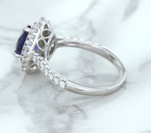 Load image into Gallery viewer, 1.48ct Pear Blue Sapphire Ring with Double Diamond Halo in 18K White Gold