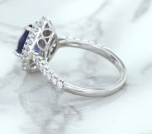 Load image into Gallery viewer, 1.48ct Pear Blue Sapphire Ring with Double Diamond Halo in 18K White Gold