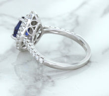 Load image into Gallery viewer, 1.48ct Pear Blue Sapphire Ring with Double Diamond Halo in 18K White Gold