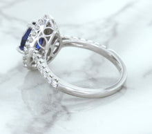 Load image into Gallery viewer, 1.48ct Pear Blue Sapphire Ring with Double Diamond Halo in 18K White Gold