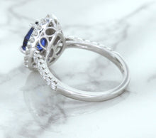Load image into Gallery viewer, 1.48ct Pear Blue Sapphire Ring with Double Diamond Halo in 18K White Gold