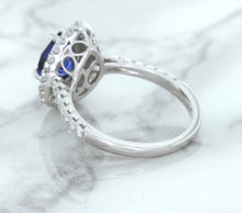 Load image into Gallery viewer, 1.48ct Pear Blue Sapphire Ring with Double Diamond Halo in 18K White Gold
