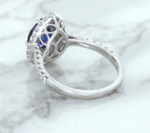 Load image into Gallery viewer, 1.48ct Pear Blue Sapphire Ring with Double Diamond Halo in 18K White Gold