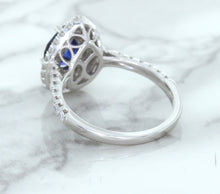 Load image into Gallery viewer, 1.48ct Pear Blue Sapphire Ring with Double Diamond Halo in 18K White Gold