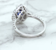 Load image into Gallery viewer, 1.48ct Pear Blue Sapphire Ring with Double Diamond Halo in 18K White Gold