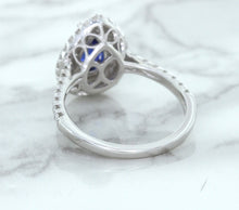 Load image into Gallery viewer, 1.48ct Pear Blue Sapphire Ring with Double Diamond Halo in 18K White Gold