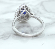 Load image into Gallery viewer, 1.48ct Pear Blue Sapphire Ring with Double Diamond Halo in 18K White Gold