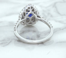 Load image into Gallery viewer, 1.48ct Pear Blue Sapphire Ring with Double Diamond Halo in 18K White Gold