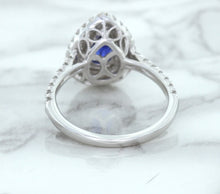 Load image into Gallery viewer, 1.48ct Pear Blue Sapphire Ring with Double Diamond Halo in 18K White Gold