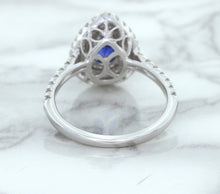 Load image into Gallery viewer, 1.48ct Pear Blue Sapphire Ring with Double Diamond Halo in 18K White Gold