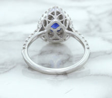 Load image into Gallery viewer, 1.48ct Pear Blue Sapphire Ring with Double Diamond Halo in 18K White Gold