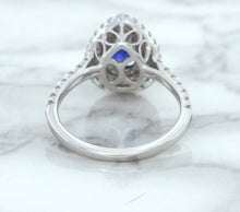 Load image into Gallery viewer, 1.48ct Pear Blue Sapphire Ring with Double Diamond Halo in 18K White Gold