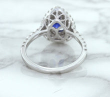 Load image into Gallery viewer, 1.48ct Pear Blue Sapphire Ring with Double Diamond Halo in 18K White Gold