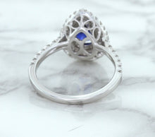 Load image into Gallery viewer, 1.48ct Pear Blue Sapphire Ring with Double Diamond Halo in 18K White Gold