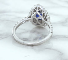 Load image into Gallery viewer, 1.48ct Pear Blue Sapphire Ring with Double Diamond Halo in 18K White Gold