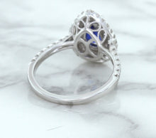 Load image into Gallery viewer, 1.48ct Pear Blue Sapphire Ring with Double Diamond Halo in 18K White Gold