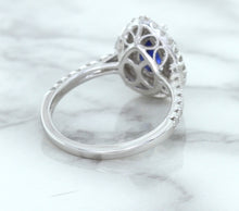 Load image into Gallery viewer, 1.48ct Pear Blue Sapphire Ring with Double Diamond Halo in 18K White Gold
