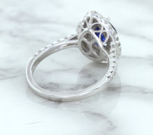 Load image into Gallery viewer, 1.48ct Pear Blue Sapphire Ring with Double Diamond Halo in 18K White Gold