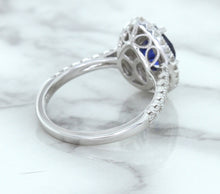 Load image into Gallery viewer, 1.48ct Pear Blue Sapphire Ring with Double Diamond Halo in 18K White Gold