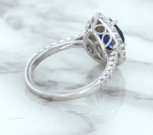 Load image into Gallery viewer, 1.48ct Pear Blue Sapphire Ring with Double Diamond Halo in 18K White Gold